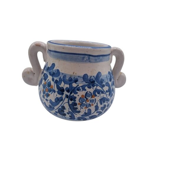 Hand-Painted Italian Pottery Sugar Bowl With Dual Handles & Blue Floral Design - Picture 7 of 9